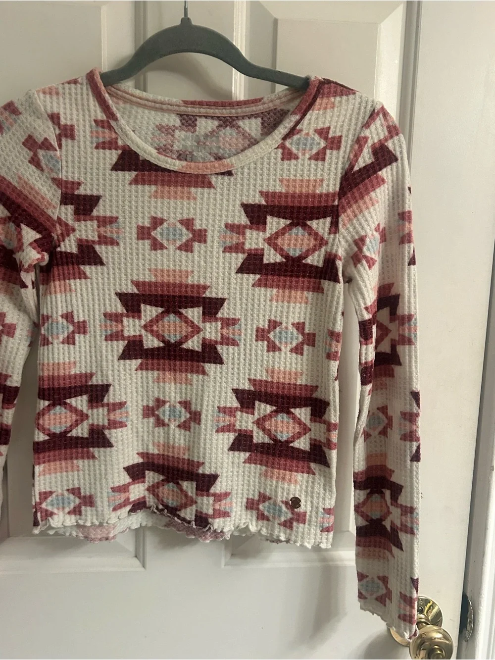 Girls Justice Cream and Burgundy Aztec Waffle-Knit Long Sleeve Top